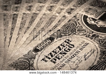 Old Hungarian ten thousand pengo money with stamp in sepia color