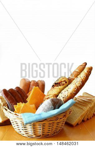 breads, sausages and cheese  with white background