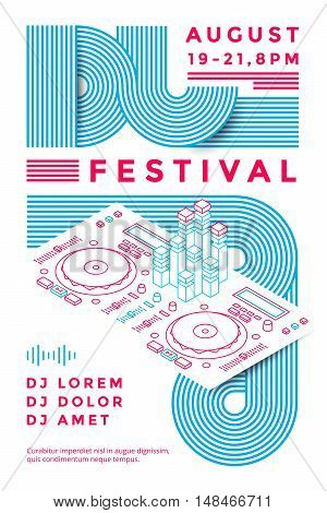 Dj festival poster design template. Music flyer. Vector line illustration