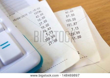 Close Up Of Receipt Paper And Caculator, Payment