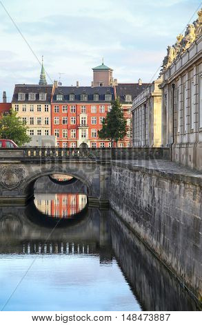 View of canal and old bridge from bridge Prinsens Bro in Copenhagen Denmark
