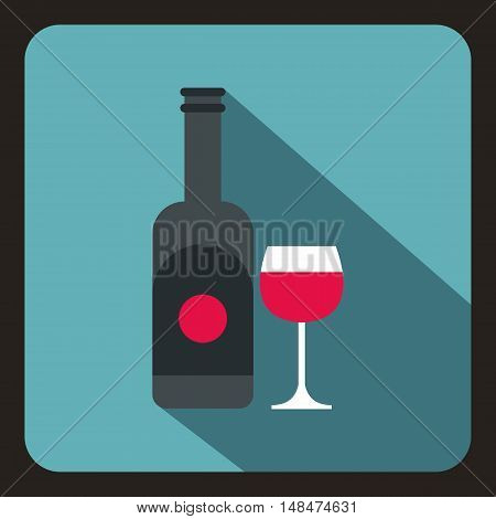 Bottle of wine and glass icon in flat style on a baby blue background vector illustration
