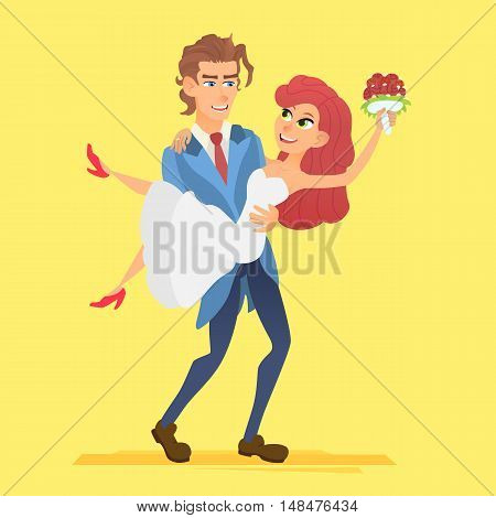 Groom carries his bride in his arms. Vector illustration of a cartoon character. Wedding couple isolated on background.