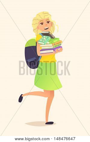 Schoolgirl with backpack and stack of books in his hands. Illustration of a cartoon character. Vector flat design.