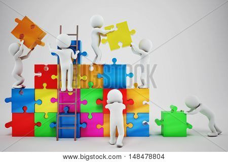 White people build a company with puzzle. Concept of parthership and teamwork. 3D rendering