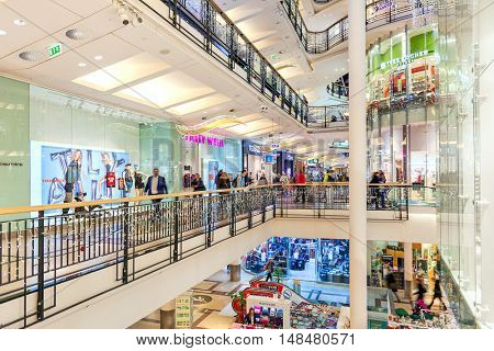 PRAGUE, CZECH REPUBLIC - DECEMBER 10, 2015: Interior of Palladium mall decorated for Christmas holidays - one of most popular shopping centers in Prague, has 5 floors, 184 shops and 23 restaurants.