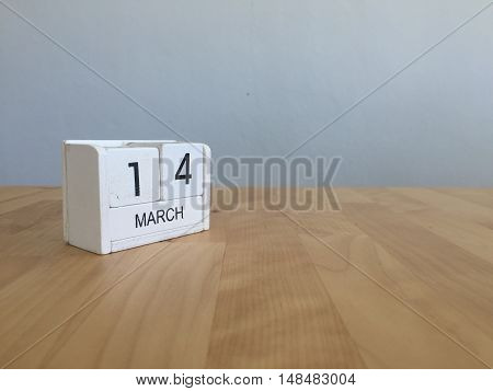 March 14Th. March 14 White Wooden Calendar On Vintage Wood Abstract Background. First Spring Day.cop