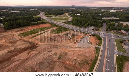 Aerial picture of construction site on Atlanta Suburbs during sunset