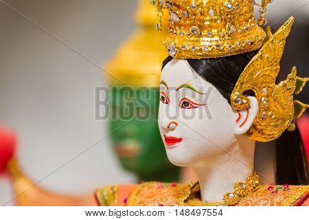 BANGKOK, THAILAND - JANUARY 16: Thai traditional puppet play displayed openly for public at Thai Cultural Center in a campaign for the conservation of Thai traditional performing arts