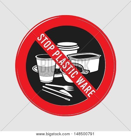 vector stop sign, ban plastic dishes, fork, knife, plate, konteynet, a cup of coffee and stick, interfere with sugar
