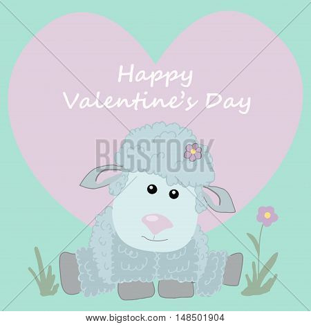 Postcard happy Valentines day. Cute sheep. heart.