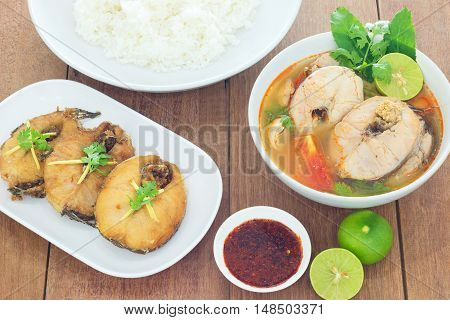 Tom Yum striped snakehead fish and Fried striped snakehead fishThai Food