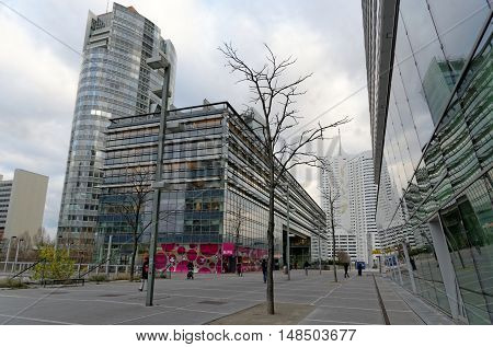 VIENNA AUSTRIA - NOVEMBER 25 2013: Vienna International Center VIC. Campus and building complex hosting the United Nations Office;