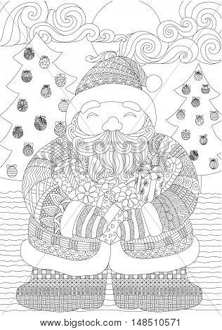 Zendoodle design of Santa clause holding gift boxes with Christmas tree background, design for adult coloring book pages and Christmas card design element