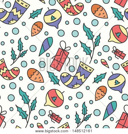 Hand Drawn Christmas Seamless Pattern. New Year Background. Print with Christmas Toys and Presents. Winter Season Line Art Style Illustration. Vector design. Cartoon Omelas.