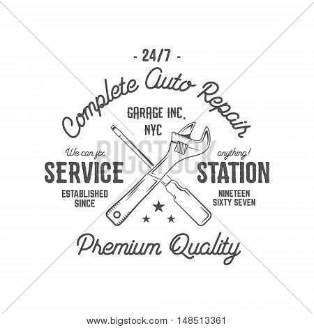 Service station vintage label, tee design graphics, complete auto repair service typography print. Custom t-shirt stamp, teeshirt graphic. Use as tee shirt print, emblem, logo on web. Vector artwork.