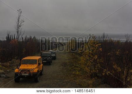 Kola Peninsula, Murmansk region, Russia, September 12, 2016, off-road expedition in a jeep on the Kola Peninsula, the Jeep Wrangler is a compact four wheel drive off road and sport utility vehicle
