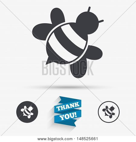 Bee sign icon. Honeybee or apis with wings symbol. Flying insect diagonal. Flat icons. Buttons with icons. Thank you ribbon. Vector