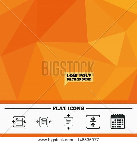 Triangular low poly orange background. Archive file icons. Compressed zipped document signs. Data compression symbols. Calendar flat icon. Vector