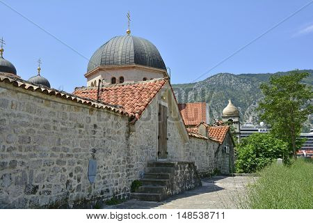 A back view of the Russian Orthodox Church Saint Nicholas in Kotor Montenegro.
