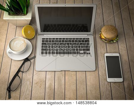 breakfast with a laptop telephone and coffee 3d illustration