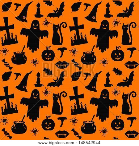 Halloween symbols silhouettes orange background seamlless vector pattern spooky trick or treat