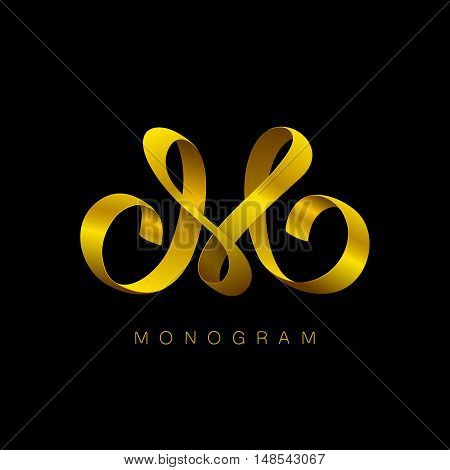 Letter "M" gold ribbon monogram. Eps10 vector illustration.