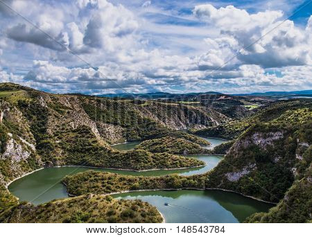 Meanders at rocky river Uvac gorge on sunny day, southwest Serbia.