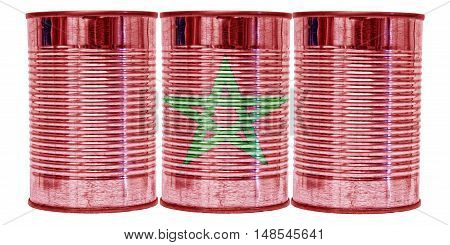 Three tin cans with the flag of Morocco on them isolated on a white background.