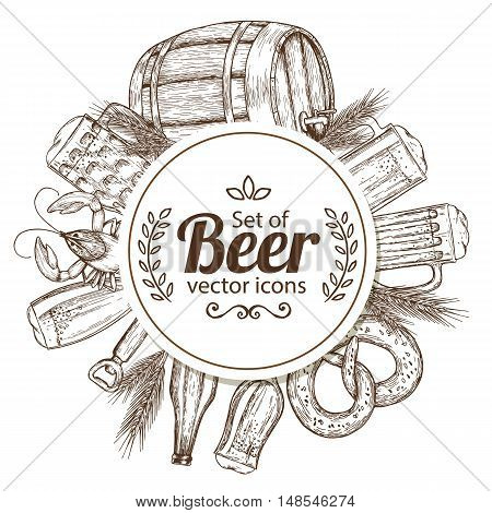 Circle shape template with sketch vintage beer icons for packaging cards posters menu. Vector stock illustration.