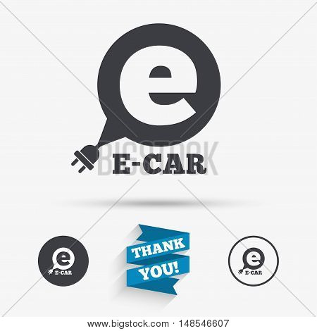 Electric car sign icon. Electric vehicle transport symbol. Speech bubble. Flat icons. Buttons with icons. Thank you ribbon. Vector