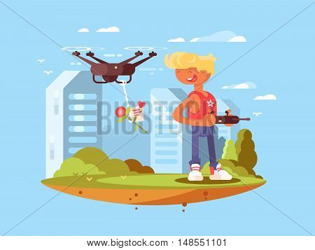 Delivery using quadrocopters. Man controlled flying drones. Vector flat illustration
