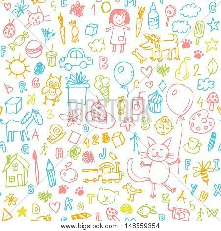 Funny children drawing vector doodle seamless pattern