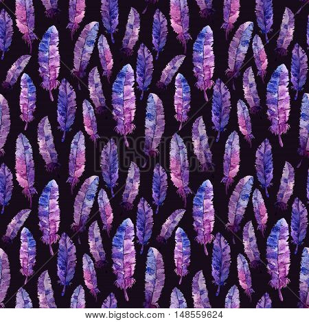 Watercolor feathers seamless pattern. Colorful feathers with watercolor texture pattern. Violet background