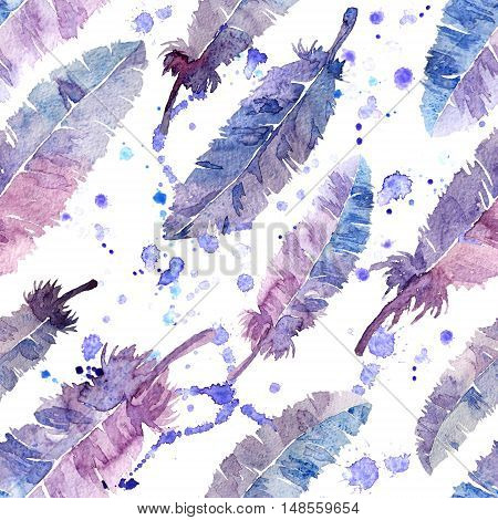Watercolor feathers seamless pattern. Colorful. White background