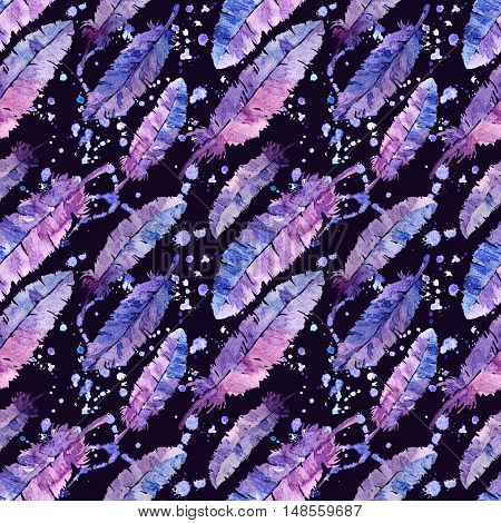 Watercolor feathers seamless pattern. Colorful feathers with watercolor texture pattern. Violet background
