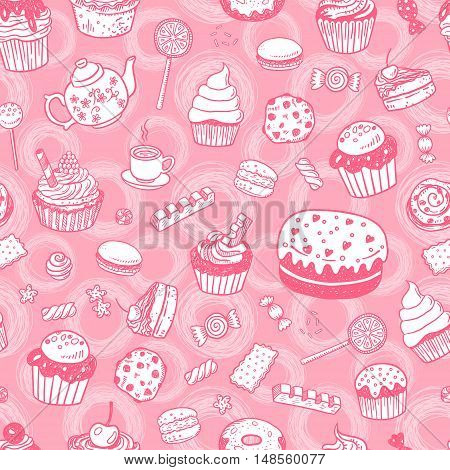 Set of various doodles, hand drawn sweets, cupcakes and candies sketches seamless surface pattern