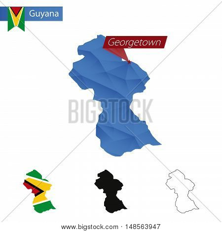 Guyana Blue Low Poly Map With Capital Georgetown.