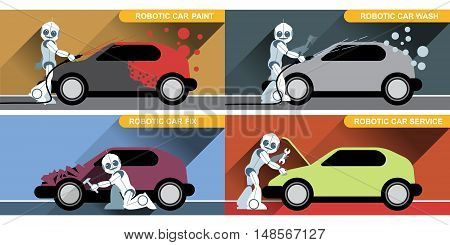 Digital vector silver happy robot set at autoservice fixing cars, painting and washing, flat style