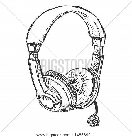 Vector Sketch Headset. Circumaural Headphones With Microphone