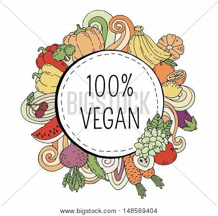 Vegan product label. Suitable for ads, signboards, packaging and identity, web designs. Label and emblem for vegetarian products, shops and websites. Fruits and vegetables frame. Vector illustration