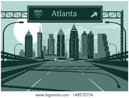 Vector illustration of Atlanta skyline with freeway sign
