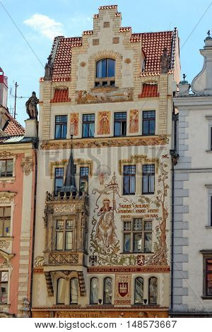 PRAGUE, CZECH REPUBLIC - JULY 3, 2014: Historical house facade of the Wenzel Storch house in the Old Town Square. The city centre of Prague is listed under the UNESCO world heritage sites.