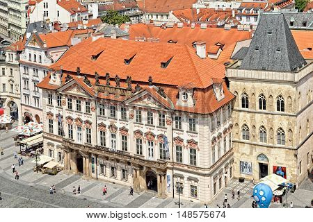 PRAGUE, CZECH REPUBLIC - JULY 3 2014: Aerial view of the Golz-Kinsky Palace the National Gallery and the the House at the Stone Bell in the Old Town Square of Prague Czech Republic.