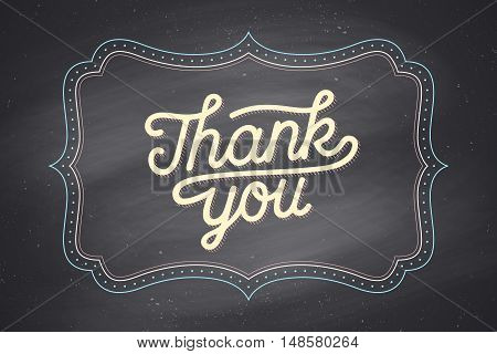 Old vintage frame with text Thank You. Greeteng card with old frame for Thanksgiving Day. Antique and baroque frame with Thank you on chalkboard background. Vector Illustration
