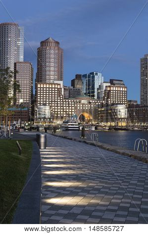 Dawn view of Rowes Wharf in Boston from Harborwalk along Fan Pier in South Boston