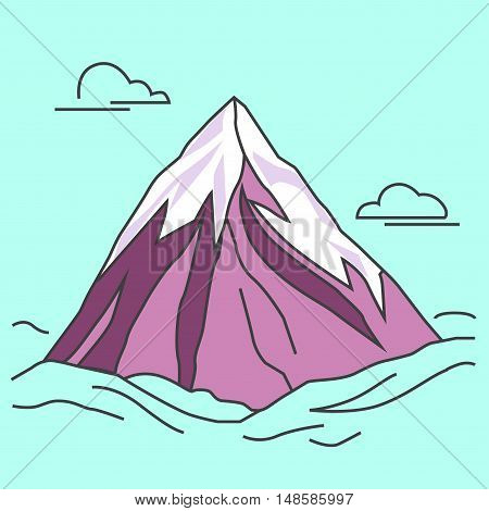 Mountain with clods. Purple mountain with snowy peak. Color outlined illustration. Vector.