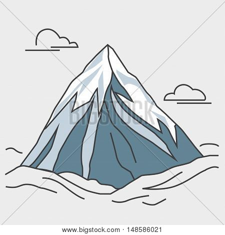 Mountain with clouds. Blue mountain with snowy peak. Color outlined illustration. Vector.