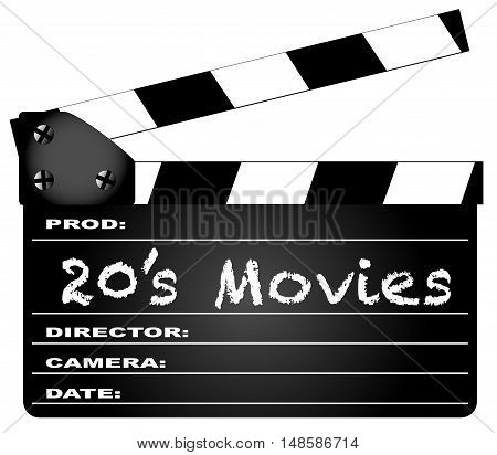 A typical movie clapperboard with the legend 20's Movies isolated on white.