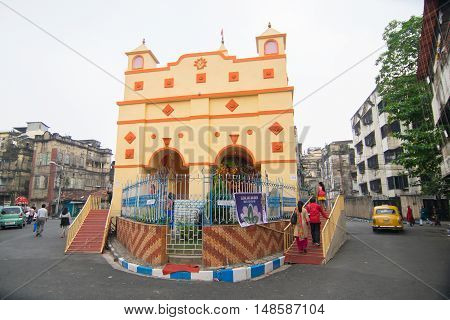 KOLKATA INDIA - OCTOBER 21 2015 : Beautiful exterior of decorated Durga Puja pandal at Kolkata West Bengal India. Durga Puja is biggest religious festival of Hinduism.